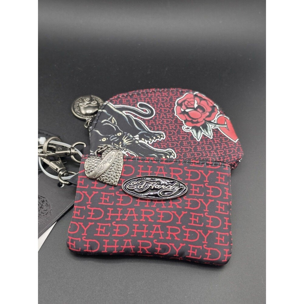 Ed Hardy Double signature Wristlet - Black Panther/rose, new with tags